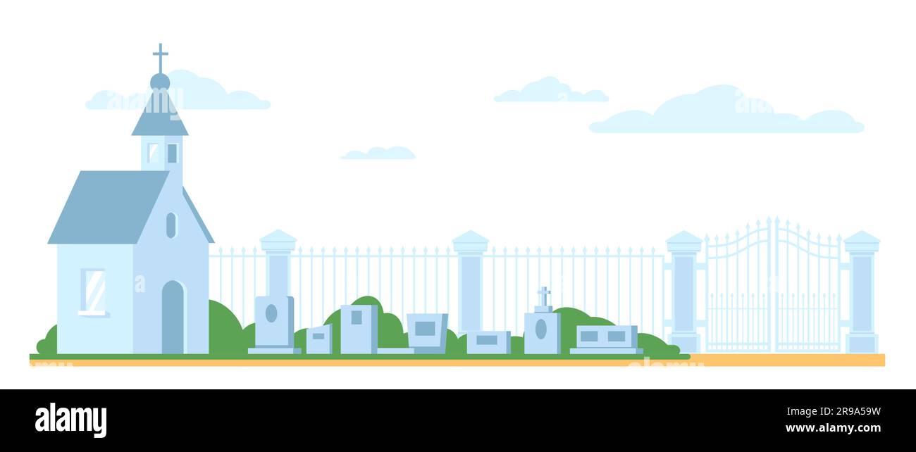 Paesaggio del cimitero con pietre tombali. Cancelli di recinzione. Edificio della chiesa cristiana. Monumenti commemorativi in pietra tombale. Recinzione del cimitero. paesaggio del sagrato Illustrazione Vettoriale