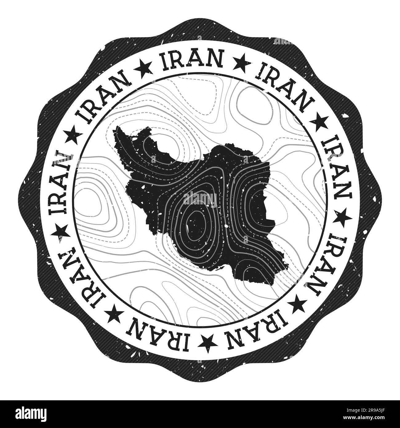 Francobollo all'aperto dell'Iran. Adesivo rotondo con mappa del paese con isoline topografiche. Illustrazione vettoriale. Illustrazione Vettoriale