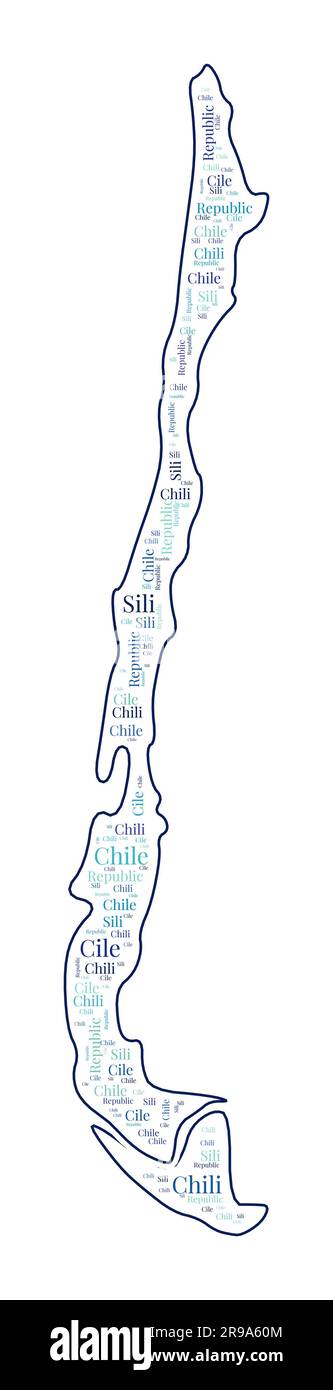 Forma cilena piena di nome del paese in molte lingue. Mappa del Cile in stile nuvola di parole. Illustrazione vettoriale ordinata. Illustrazione Vettoriale