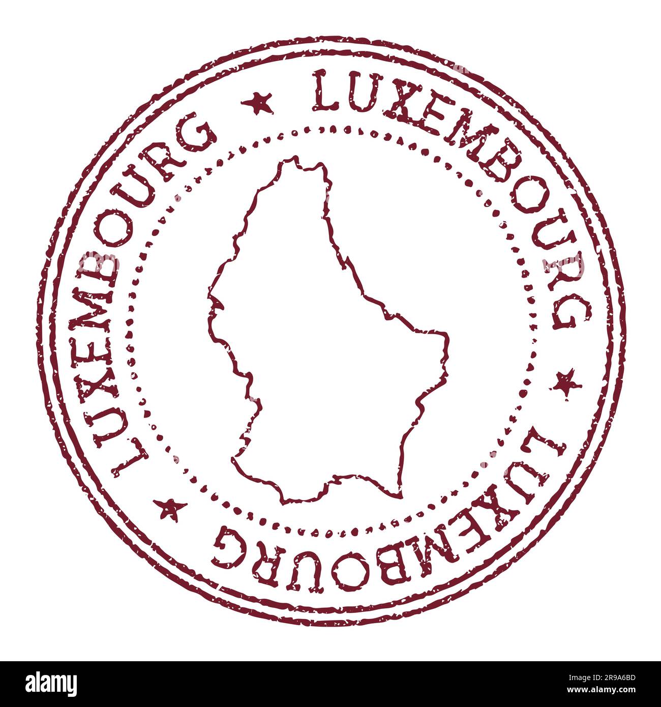 Francobollo rotondo in gomma per il Lussemburgo con mappa del paese. Timbro passaporto rosso vintage con testo circolare e stelle, illustrazione vettoriale. Illustrazione Vettoriale