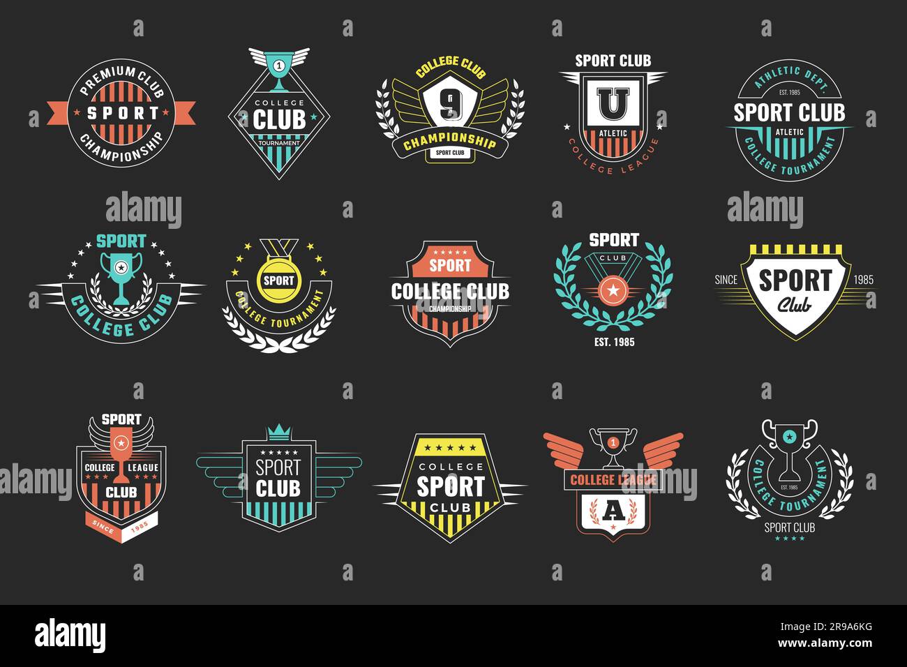 Emblema sportivo. Collezione di logo fitness simboli sportivi universitari set di immagini vettoriali recenti Illustrazione Vettoriale