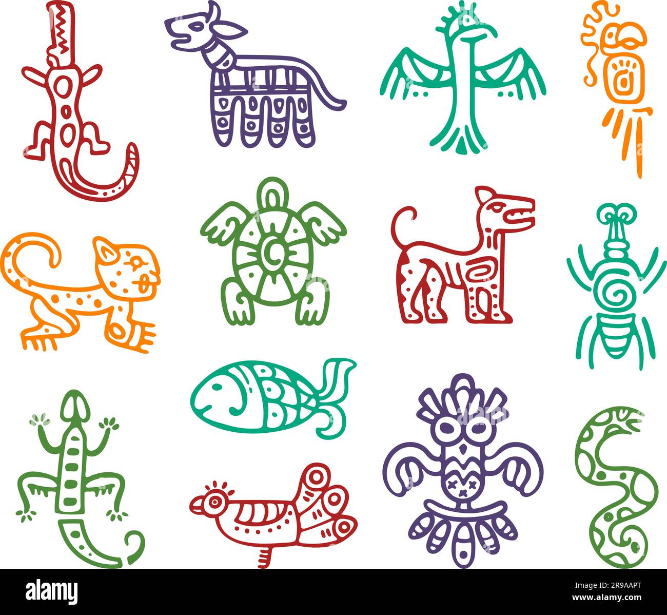 Elementi isolati totem Maya aztec. Segni idoli del Sud america, aquila e pesci. Icone indigene astratte tribali messicane. Decorazioni vettoriali di classe Illustrazione Vettoriale