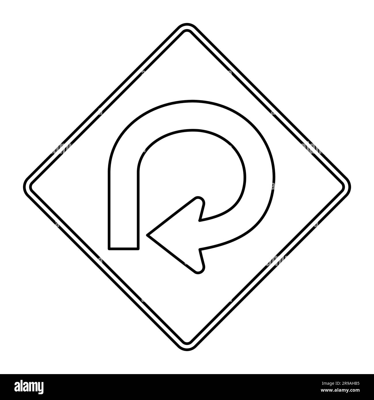 segnale stradale con curva a 270 gradi. Contorni neri su sfondo bianco. Illustrazione Vettoriale