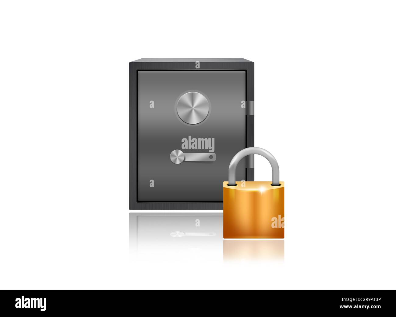 Cassetta di sicurezza e un lucchetto su sfondo bianco Foto Stock