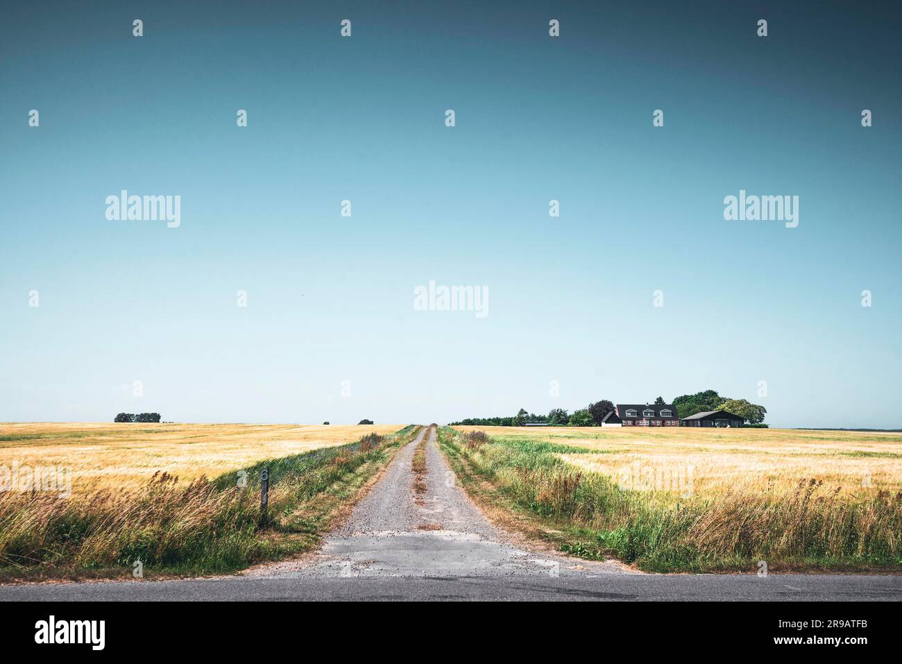 Paesaggio rurale con una strada che passa una piccola fattoria in un paesaggio di campagna Foto Stock