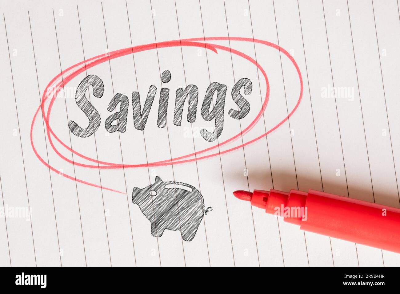 Nota di risparmio con un salvadanaio schizzo Foto Stock