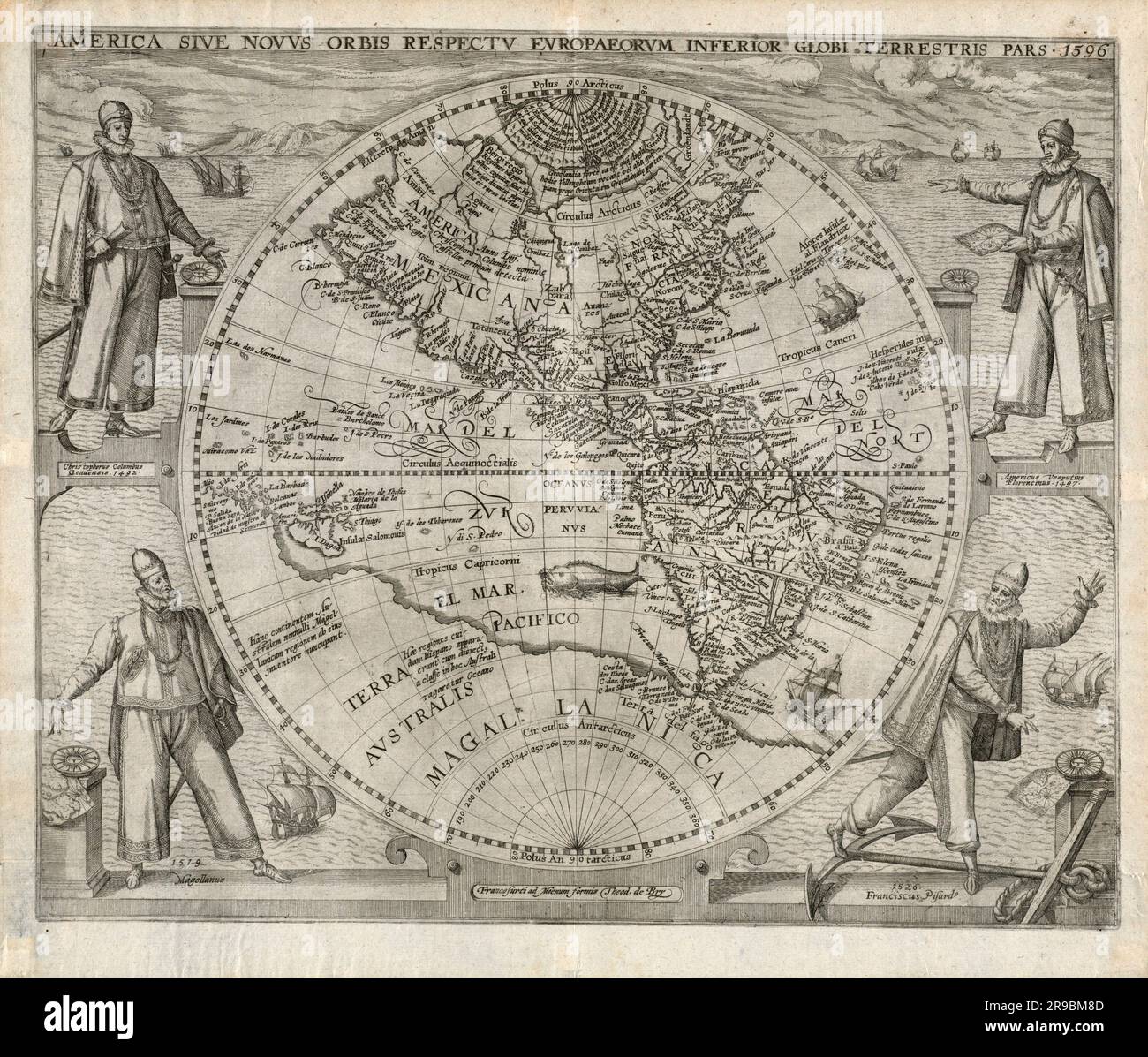 Mappa circolare d'epoca delle Americhe 1596 circa di Theodor de Bry. Nella mappa sono raffigurati gli esploratori Cristoforo Colombo, Amerigo Vespucii, Ferdinand Magellan e Francisco Pizarro (1526). Foto Stock