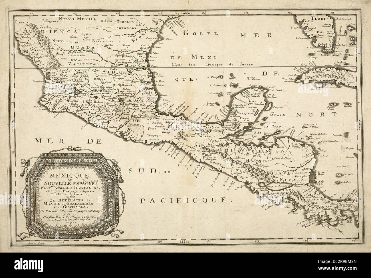 Mappa d'epoca del XVII secolo della nuova Spagna che mostra la geografia del Messico, dell'America centrale e dei Caraibi 1656, di Nicolas Sanson (1600-1667) Foto Stock