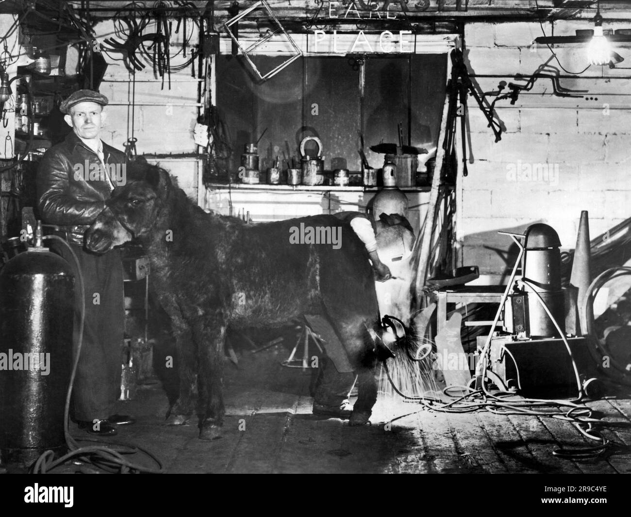 Coshocton, Ohio: Luglio 1945 Charles H. Chism demonStarte il suo metodo di saldatura ad arco di nuovo metallo su scarpe da cavallo usurate senza dover rimuovere la scarpa. Qui sta aggiungendo nuovo materiale a un pony di miniera Foto Stock