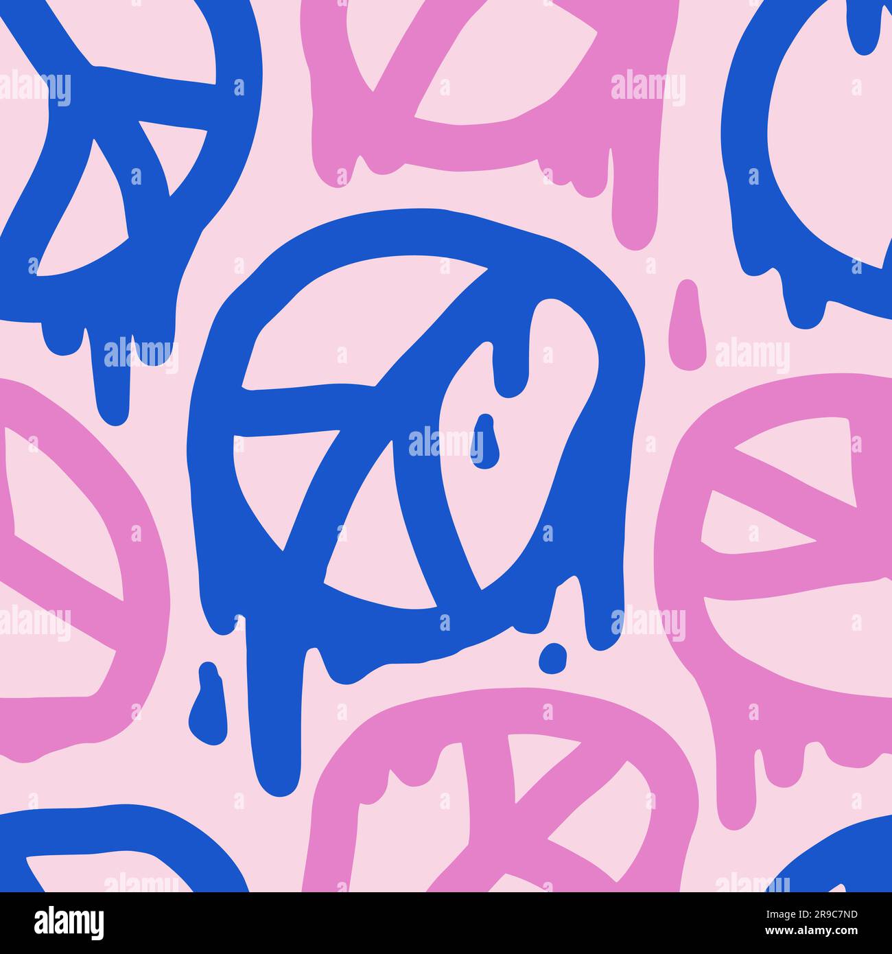 1970 motivo Liquid Peace Seamless in colore rosa e blu. Settanta, stampa psichedelica, sfondo. Hippie Aesthetic. Illustrazione vettoriale disegnata a mano. Copertina grafica, T-shirt, adesivo, social media. Illustrazione Vettoriale