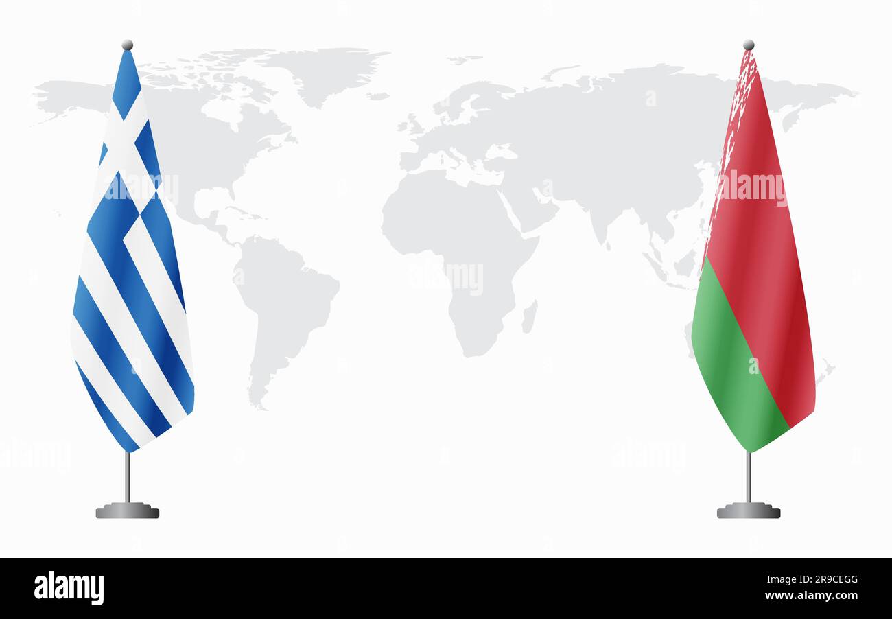 La Grecia e le bandiere bielorusse per un incontro ufficiale sullo sfondo della mappa mondiale. Illustrazione Vettoriale