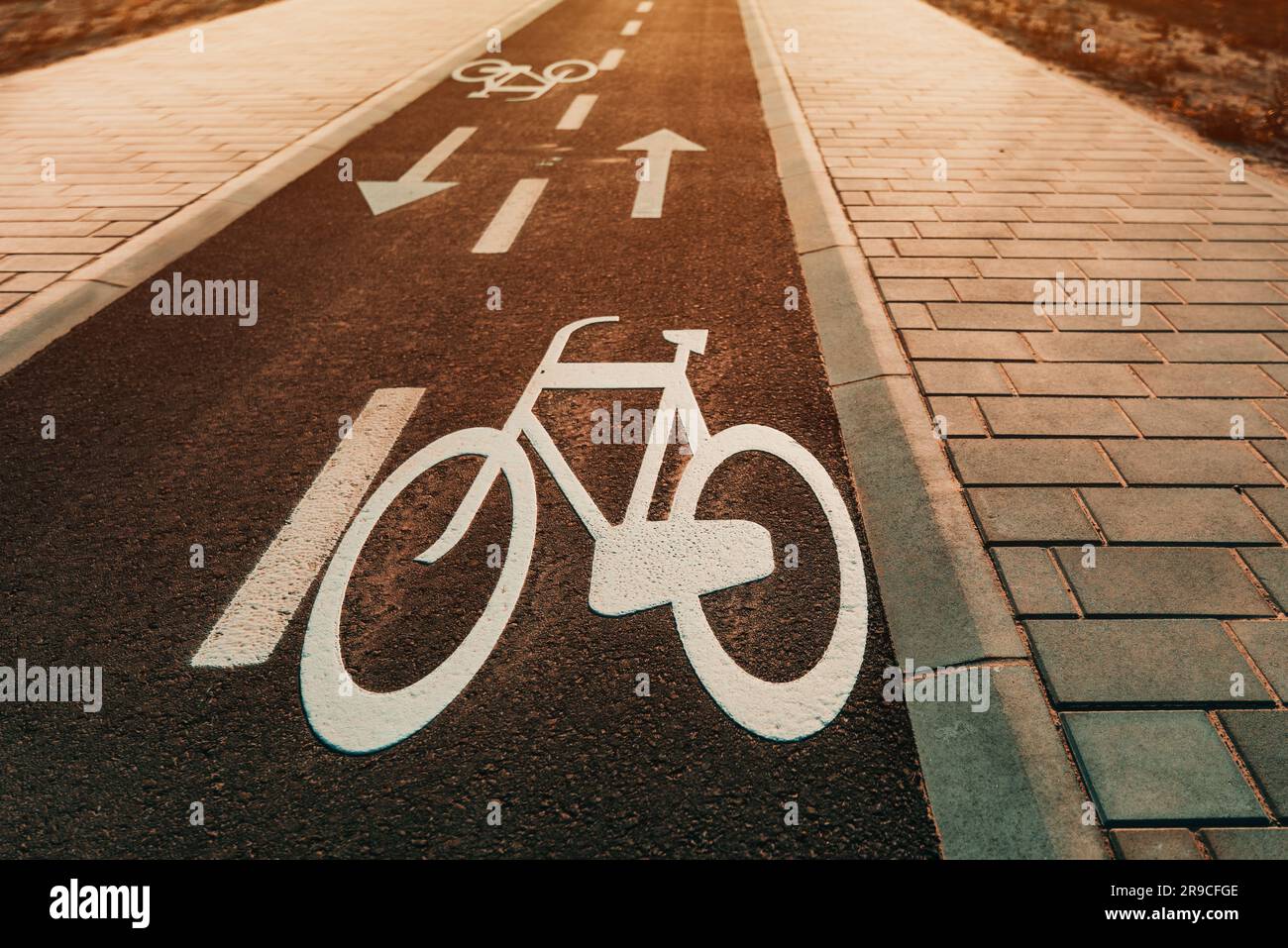 Pista ciclabile asfaltata con simbolo di una bicicletta e freccia di direzione al tramonto Foto Stock