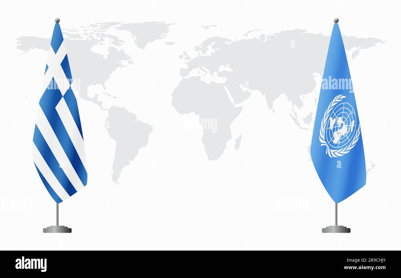 La Grecia e le Nazioni Unite bandiere per un incontro ufficiale sullo sfondo della mappa mondiale. Illustrazione Vettoriale