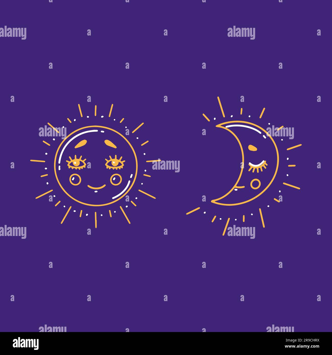 Luna e sole carini. Illustrazione vettoriale dei cartoni animati disegnati a mano. Illustrazione Vettoriale