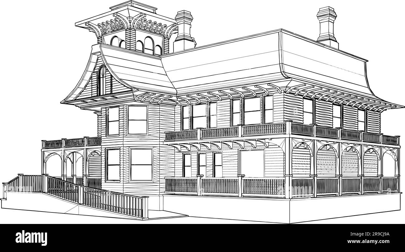 Wooden House Vector. Immagine isolata su sfondo bianco. Un'illustrazione vettoriale di una casa in legno d'epoca. Illustrazione Vettoriale