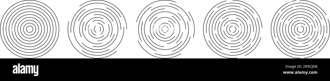 Pacchetto icone ripple circolari. Cerchi concentrici con linee interrotte. Vortice, onde radio o sonar, onde sonore, scoppio solare, dolore, simboli di segnale isolati Illustrazione Vettoriale