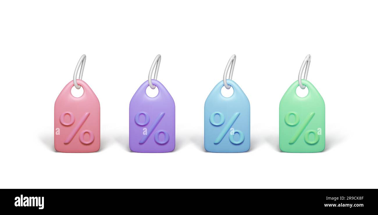 Imposta i buoni sconto per il rendering 3D con il segno di percentuale. Etichetta del prezzo della carta in diverse varianti di colore etichette realistiche con ombre. Offerte speciali Illustrazione Vettoriale