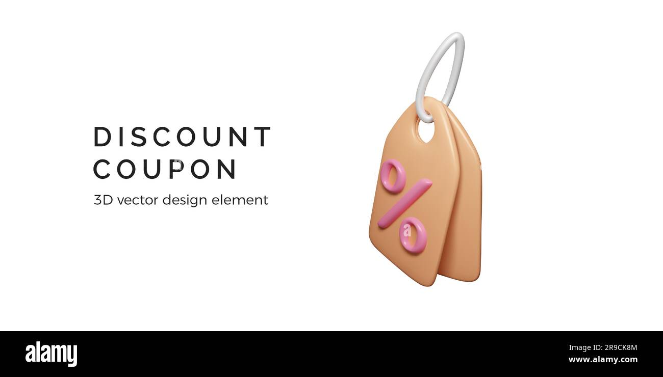 Buono sconto 3D. Prezzo realistico dei tag in stile cartone animato. Promozione offerta speciale. Banner aziendale. Icona percentuale sull'etichetta del prezzo. Illustrazione vettoriale Illustrazione Vettoriale