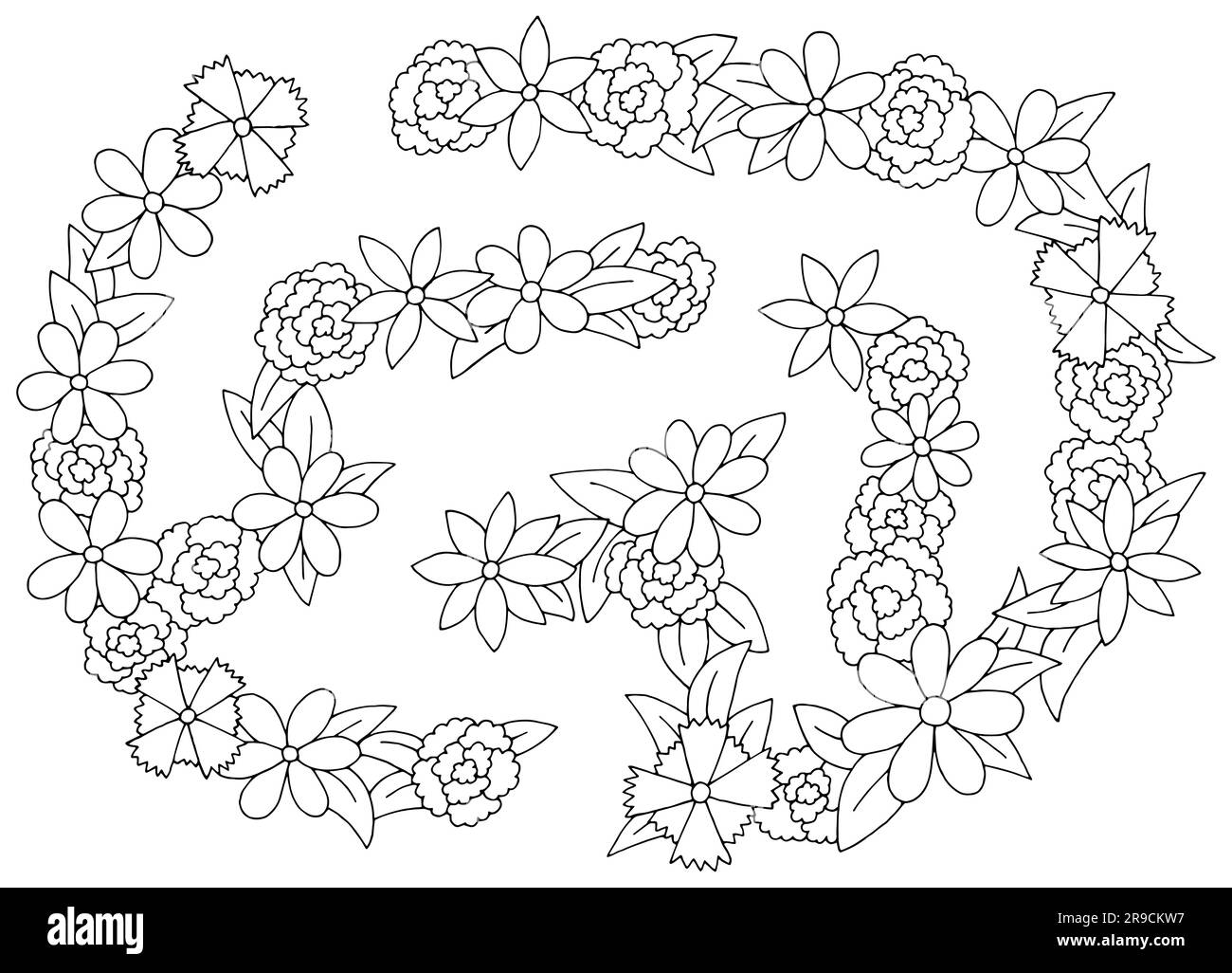 Grafico labirinto di fiori, schizzo bianco e nero, vettore di illustrazione della vista aerea superiore Illustrazione Vettoriale