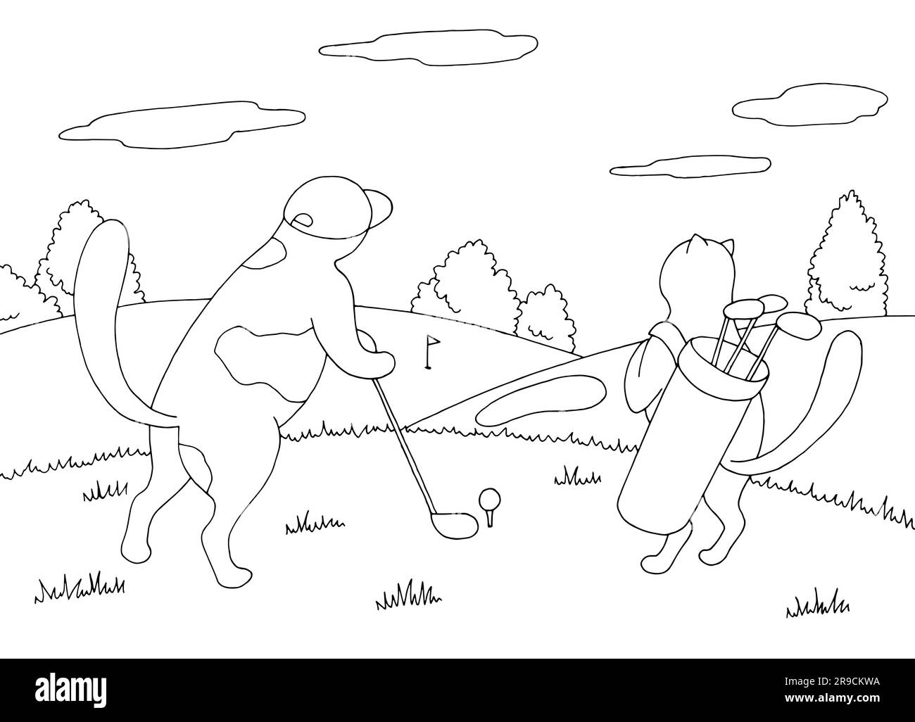 I gatti giocano a golf grafica bianco e nero paesaggio disegno vettore Illustrazione Vettoriale
