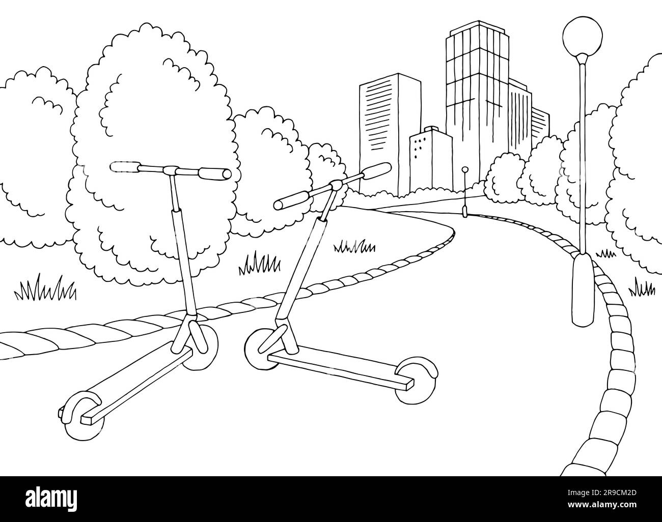 Scooter nel parco grafico bianco e nero città paesaggio grafico vettore di illustrazione Illustrazione Vettoriale