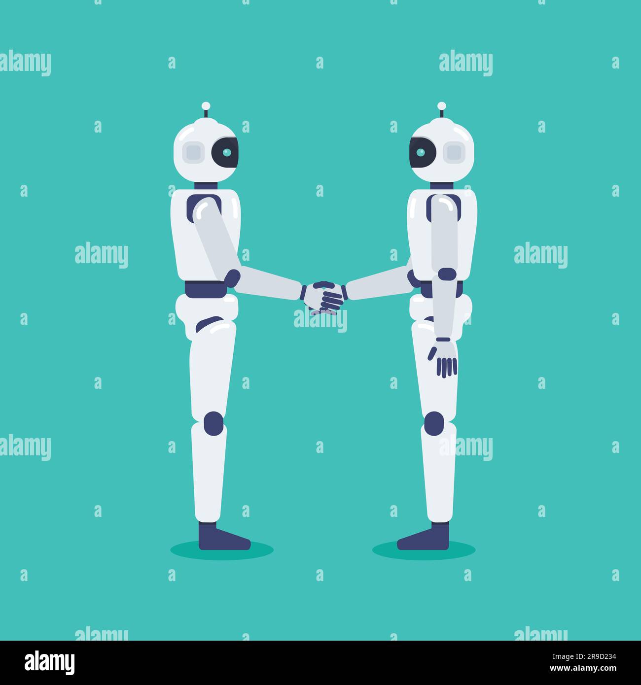 Stretta di mano tra due robot. Tecnologia Android robot Cyborg. Illustrazione vettoriale Illustrazione Vettoriale