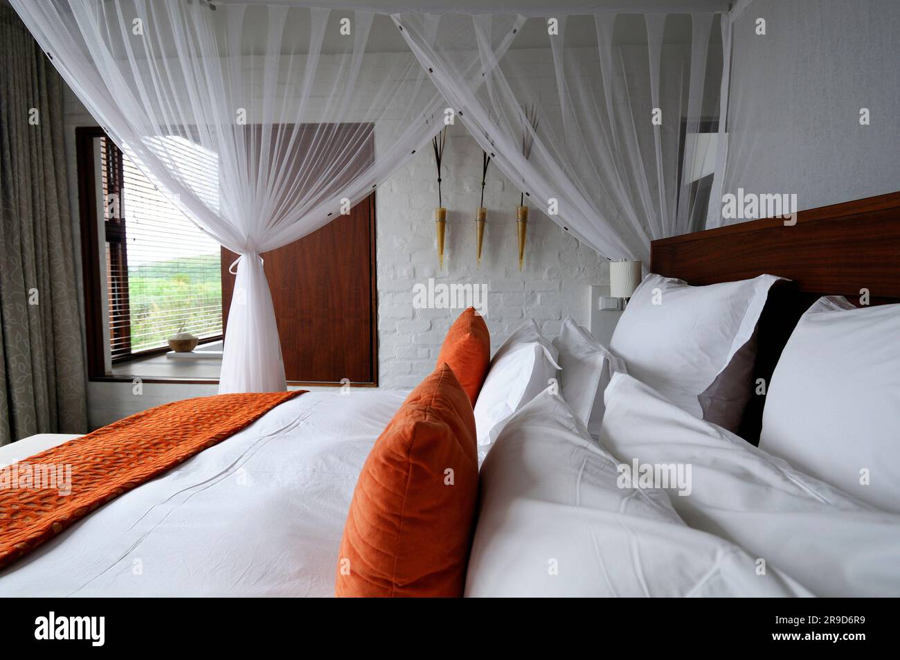 Camera da letto al Forest Lodge Suite, riserva naturale privata Grootbos, Gansbaai, Capo Occidentale, Sud Africa Foto Stock