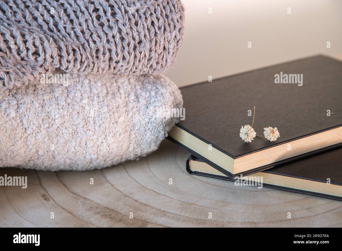 Dettaglio di arredo organico e accogliente, in toni pastello e autunnali, prevalentemente legno e tessuti. Splendido concetto di benessere e tranquillità Foto Stock