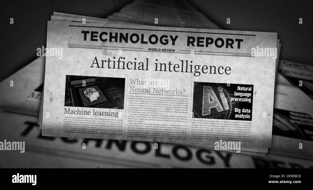 Intelligenza artificiale apprendimento automatico profondo notizie vintage e stampa di giornali. Titolo retro concept astratto illustrazione 3D. Foto Stock