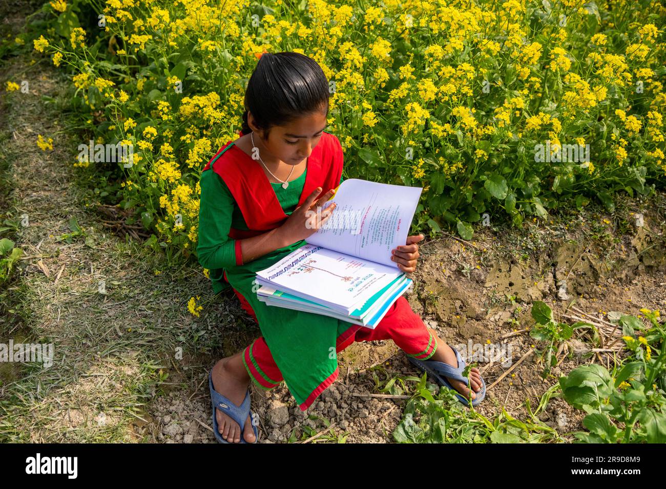 Una bambina guarda i suoi nuovi libri mentre ottiene per una nuova classe, distribuiti dal Ministero dell'istruzione primaria e di massa. Manikganj, Bangladesh. Foto Stock