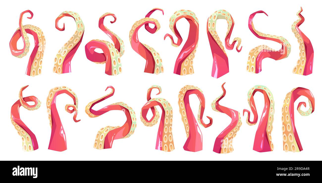 Tentacoli di polpo dei cartoni animati. Zampe di mostri cartoni animati, arti rosa calamari con ventose in posizioni diverse, cefalopodi oceanici, predatori oceanici Illustrazione Vettoriale