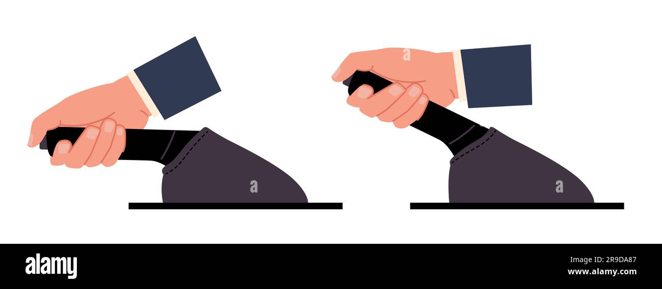 Premere e rilasciare il freno a mano. Leva del freno di stazionamento per auto, elemento grafico dell'icona di arresto, comando auto, braccio conducente. Stile piatto dei cartoni animati isolato Illustrazione Vettoriale