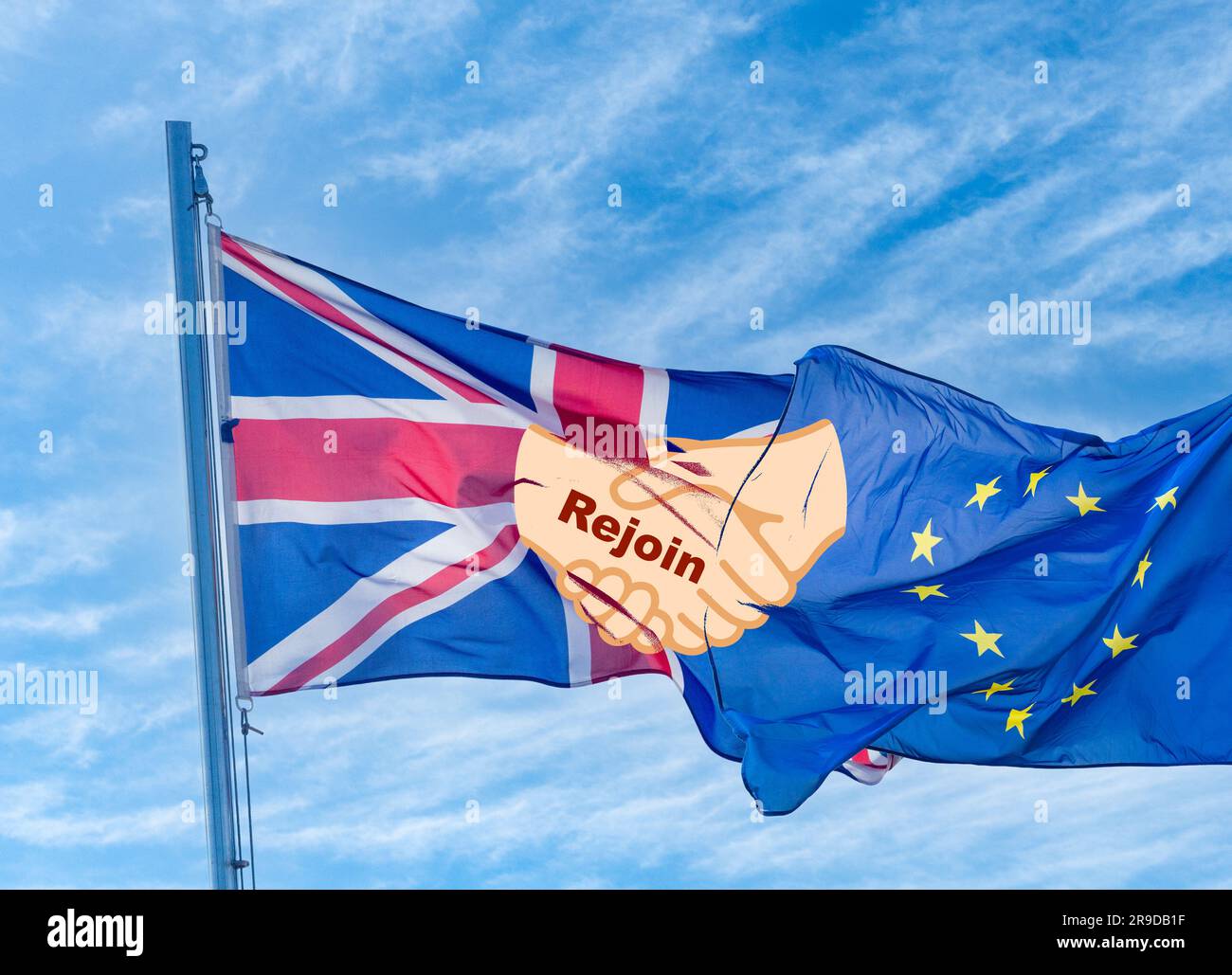 Brexit, ricongiungi al concetto. Bandiere UE e Regno Unito con stretta di mano. Foto Stock