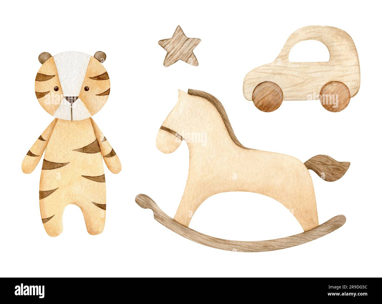 Set di bambola tigre, cavallo a dondolo, auto di legno e stella. Giocattoli ecologici in stile scandinavo. Illustrazione ad acquerello disegnata a mano isolata sullo sfondo Foto Stock