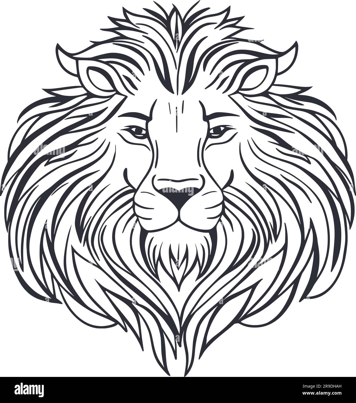 Ritratto disegnato a mano con inchiostro a testa di leone. Animale selvatico. Il re delle bestie, sketch. Predator of africa, illustrazione vettoriale isolata Illustrazione Vettoriale