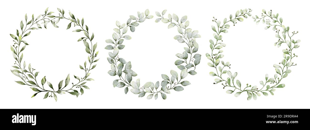 Set di ghirlande ad acquerello con foglie verdi. Collezione vettore botanico isolato su sfondo bianco adatto per l'invito al matrimonio, salvare la data, Foto Stock