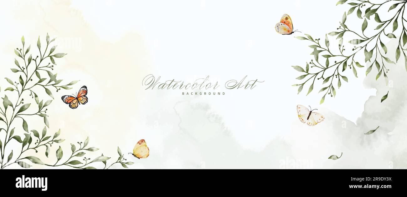 Arte astratta acquerello fogliame e farfalle che dipingono lo sfondo. Collezione banner di vettoriali naturali di acquerello botanico. adatto per testata Illustrazione Vettoriale