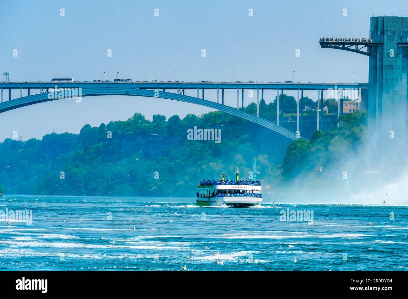 Cascate del Niagara, Ontario, Canada - 17 giugno 2023: Tour in barca o piccole imbarcazioni che trasportano passeggeri sul fiume Niagara. Il giro è un'attrazione turistica Foto Stock