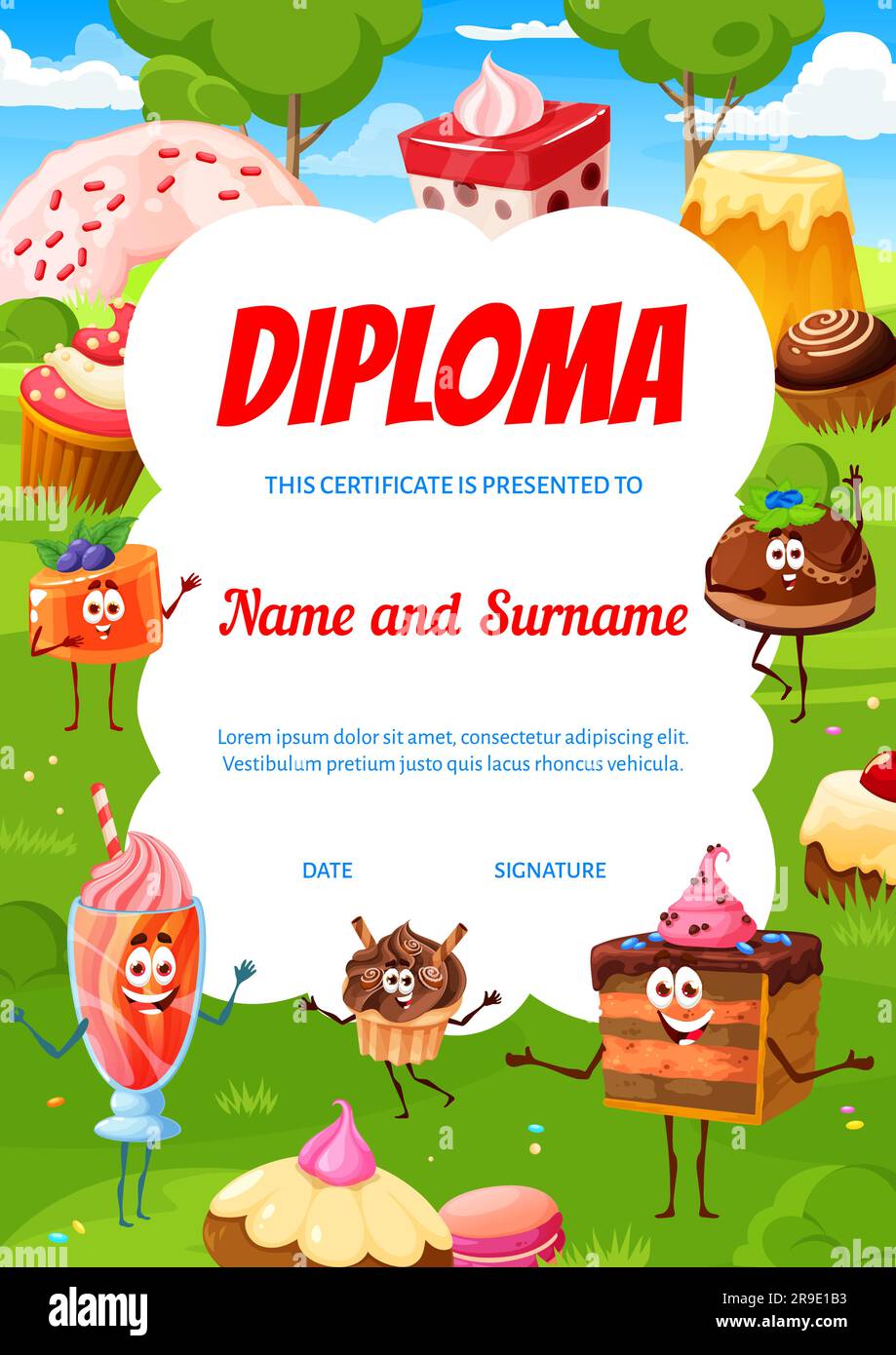 I bambini diplomano cartoni animati, dolci e personaggi della torta sul prato estivo. Cornice Vector Award, modello di certificato con simpatici pudding, muffin, torta, caramelle, macaroon o ciambelle Illustrazione Vettoriale