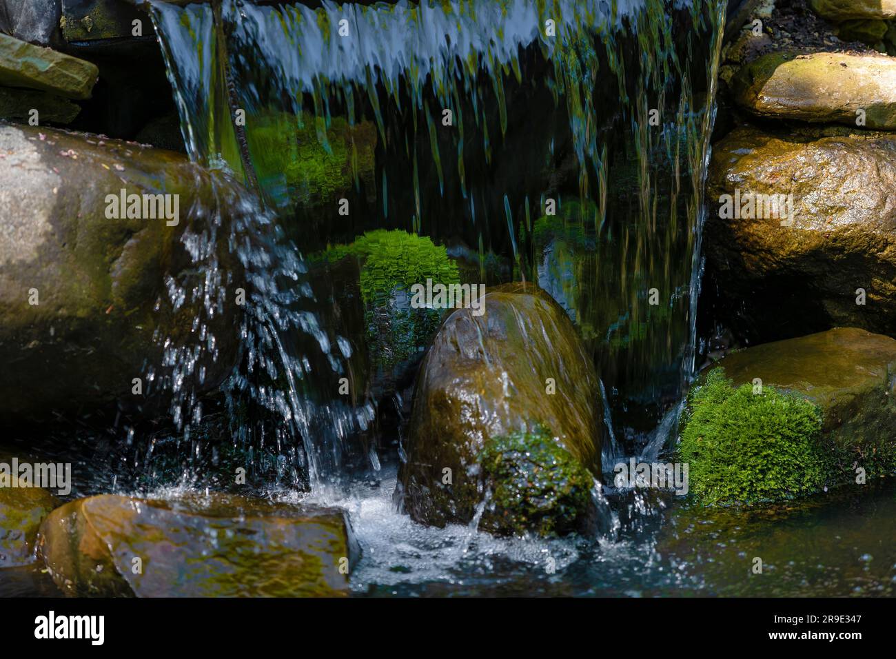 Primo piano di una piccola cascata che fuoriesce su rocce coperte di muschio. Foto Stock