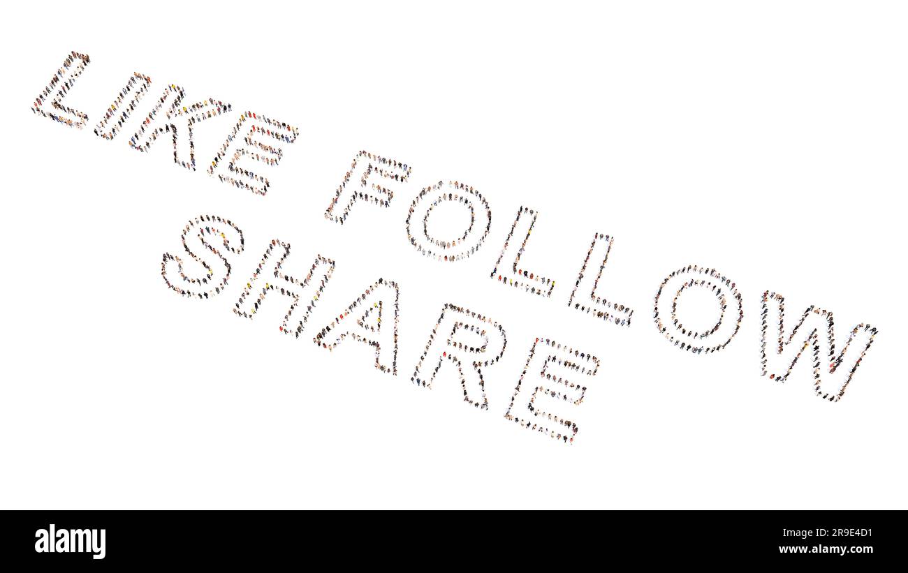 Comunità concettuale di persone che formano il messaggio LIKE FOLLOW SHARE. metafora dell'illustrazione 3d per social media, connessione online, ommunicaticon Foto Stock