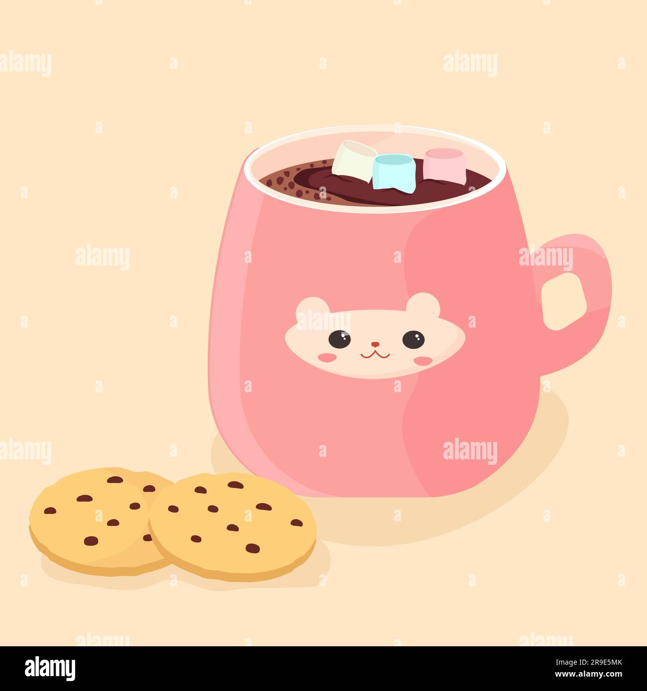 Una tazza rosa con una graziosa caffettiera, marshmallow e biscotti. Un'atmosfera intima. Illustrazione vettoriale. Illustrazione Vettoriale