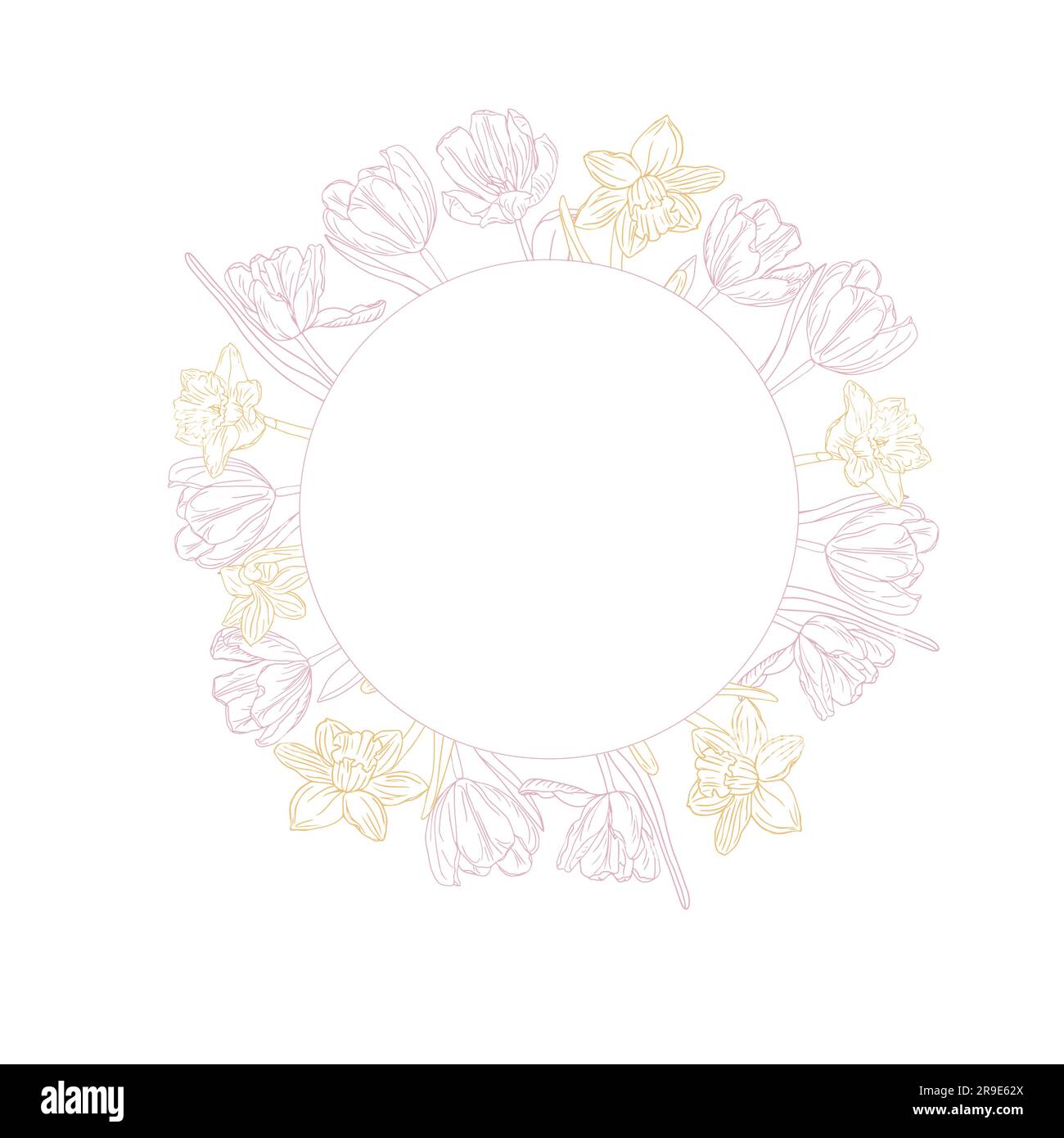 Telaio a fiore a molla. Tulipani e corona di fiori di narciso a linea d'inchiostro per la progettazione di biglietti o inviti Illustrazione Vettoriale