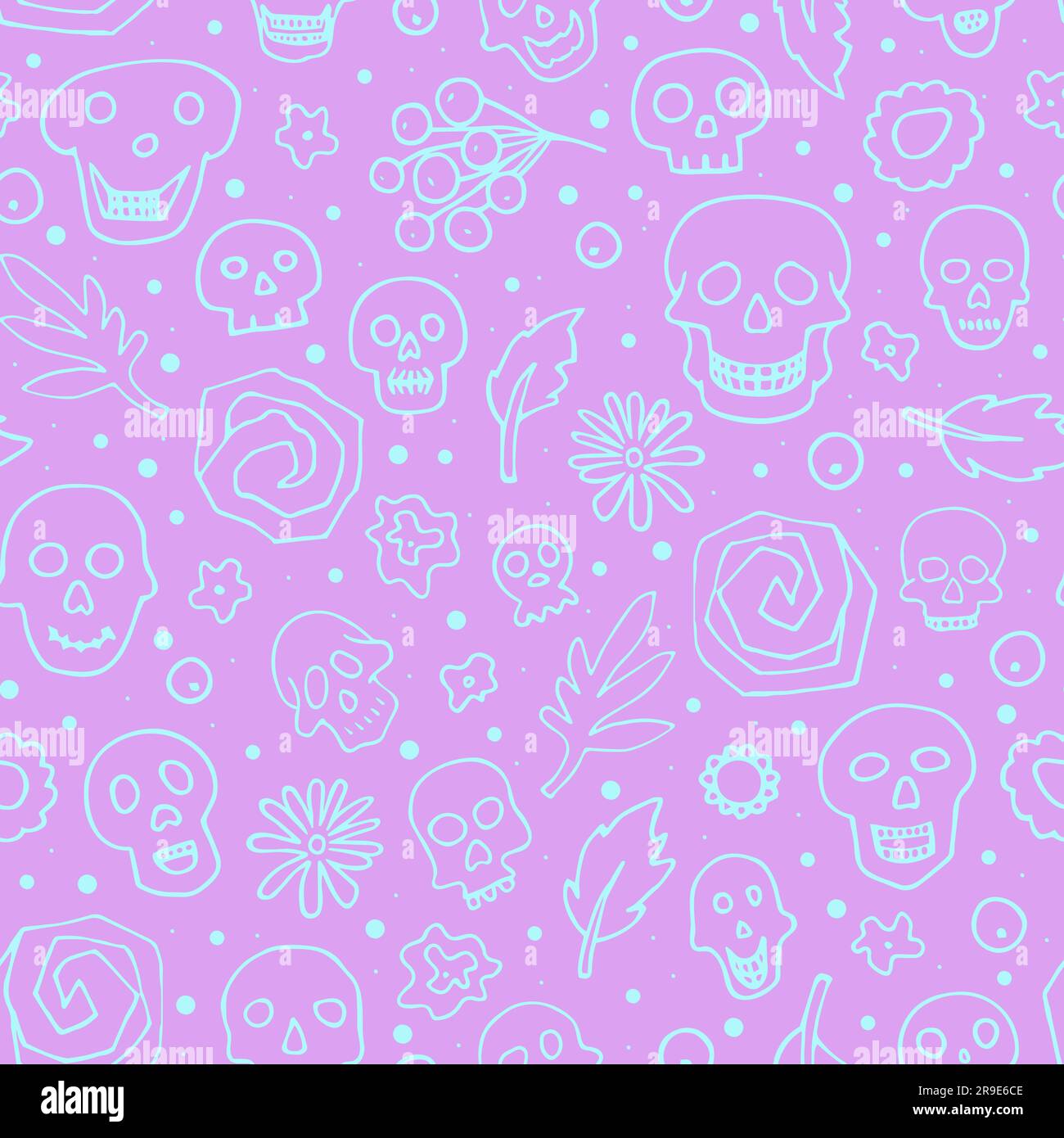 Puzzoletti di Halloween, motivi floreali senza cuciture. Scheletro, pianta su sfondo lilla. Disegnato a mano el dia de los Muertos. Carattere mistico. Vettore i Illustrazione Vettoriale