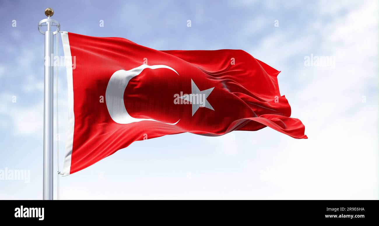 Bandiera nazionale della Turchia che sventola nel vento in una giornata limpida. Bandiera rossa con mezzaluna bianca e una stella. Rendering dell'illustrazione 3D. Tessuto svolazzante Foto Stock