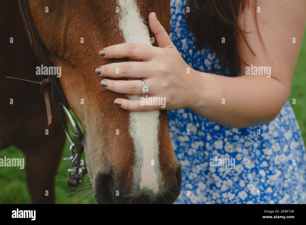 la donna mostra anelli di nozze con il suo cavallo Foto Stock