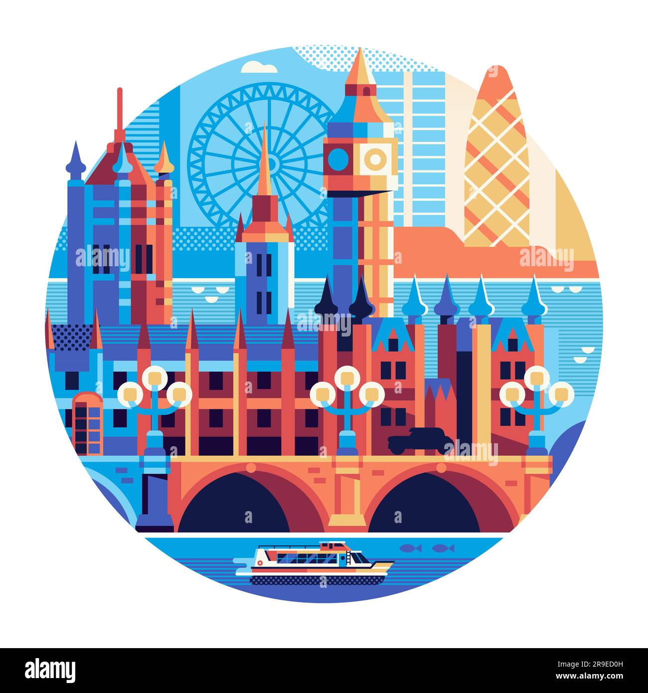 Viaggia per l'icona del London Circle con il Big Ben e il Tamigi Illustrazione Vettoriale