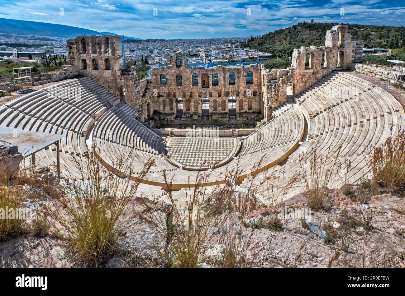 Odeone di Erode Attico, teatro romano in pietra, completato nel 161 d.C., Acropoli di Atene, Grecia Foto Stock