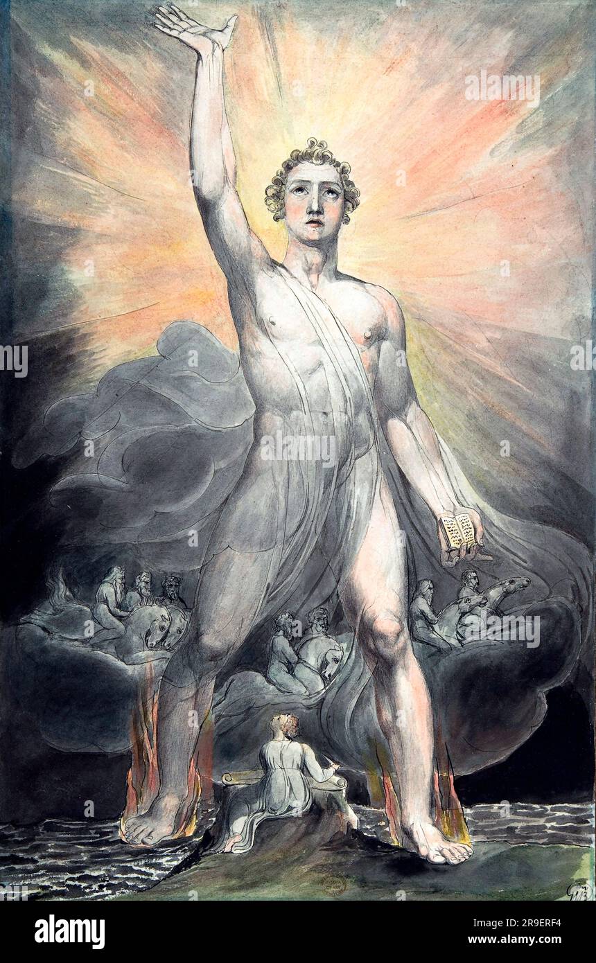 Angelo dell'Apocalisse (Libro dell'Apocalisse, capitolo 10) di William Blake, acquerello, penna e inchiostro nero, su tracce di grafite, c. 1803-5 Foto Stock Angelo dell'Apocalisse (Libro dell'Apocalisse, capitolo 10) di William Blake, acquerello, penna e inchiostro nero, su tracce di grafite, c. 1803-5 Foto Stock