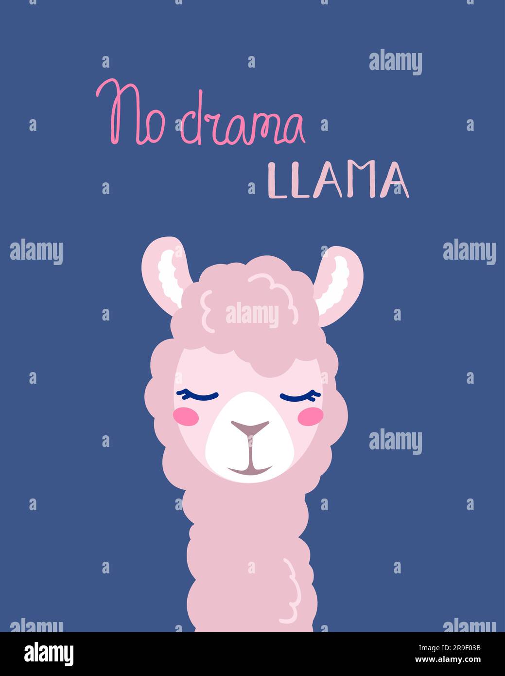 Carino cartone animato lama alpaca con scritta unica al lampone disegnata a mano citazione No drama llama. Illustrazione vettoriale. design esclusivo per carte, poster, t-shirt, inviti. Lama rosa su sfondo blu. Illustrazione Vettoriale